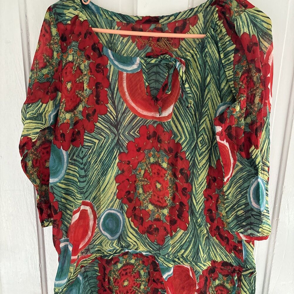 Desigual Tunic Medium Sheer Top Blouse Christmas Colors Red Green Boho Loose